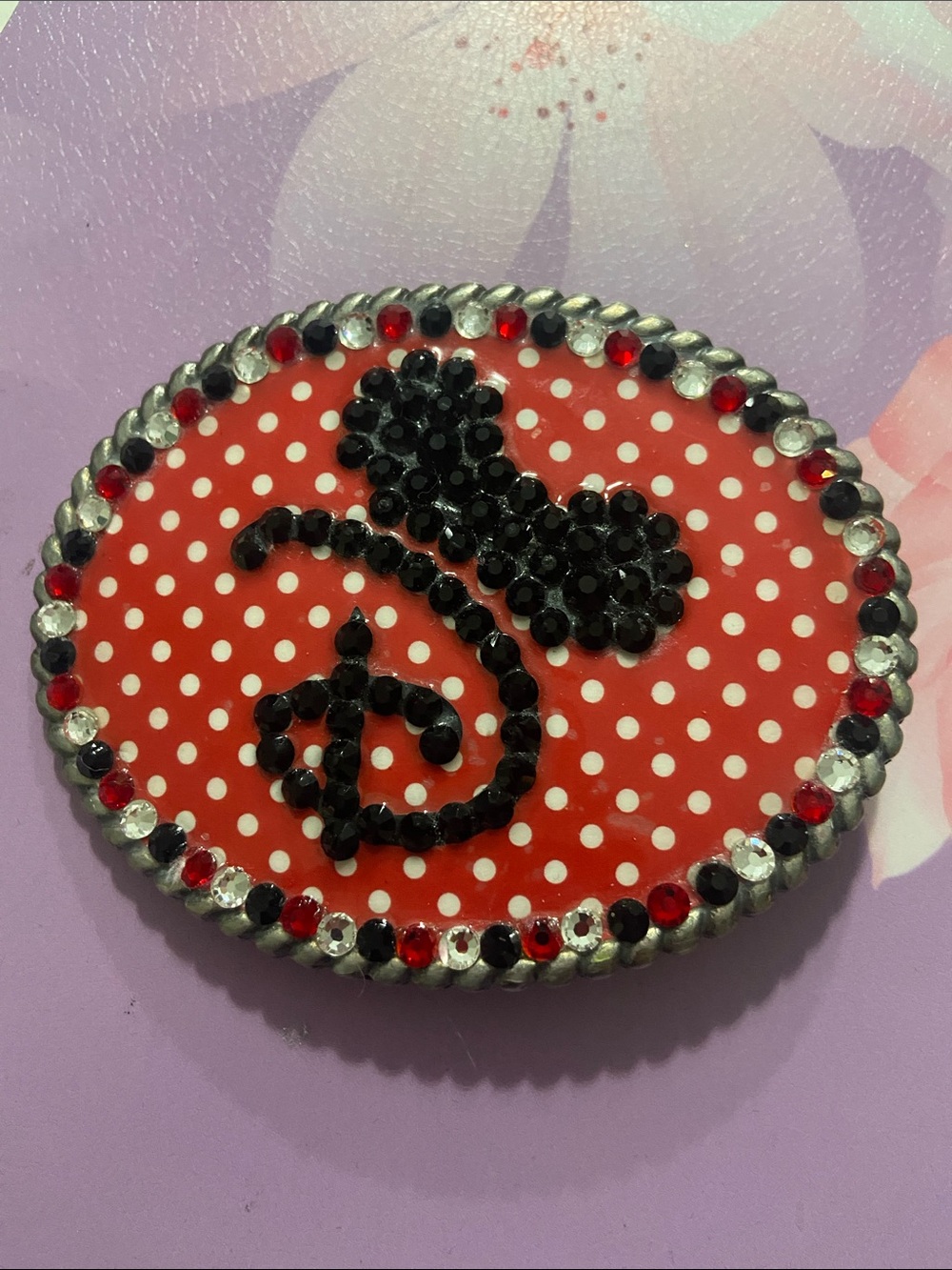 Red Polka Dot Oval Belt Buckle with Black Crystal Accent